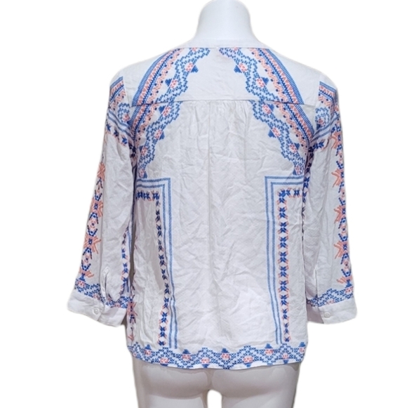 Pixley Boutique Aztec Embroidered Lace Detail Stitch White Blue Blouse Sz XS - Picture 2 of 9